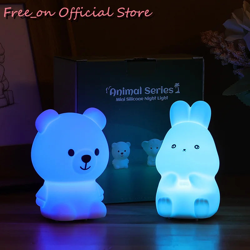 Mini Bear & Bunny Night Lamps - Soft Silicone, Colorful Battery-Operated Lights for Kids' Christmas Gifts