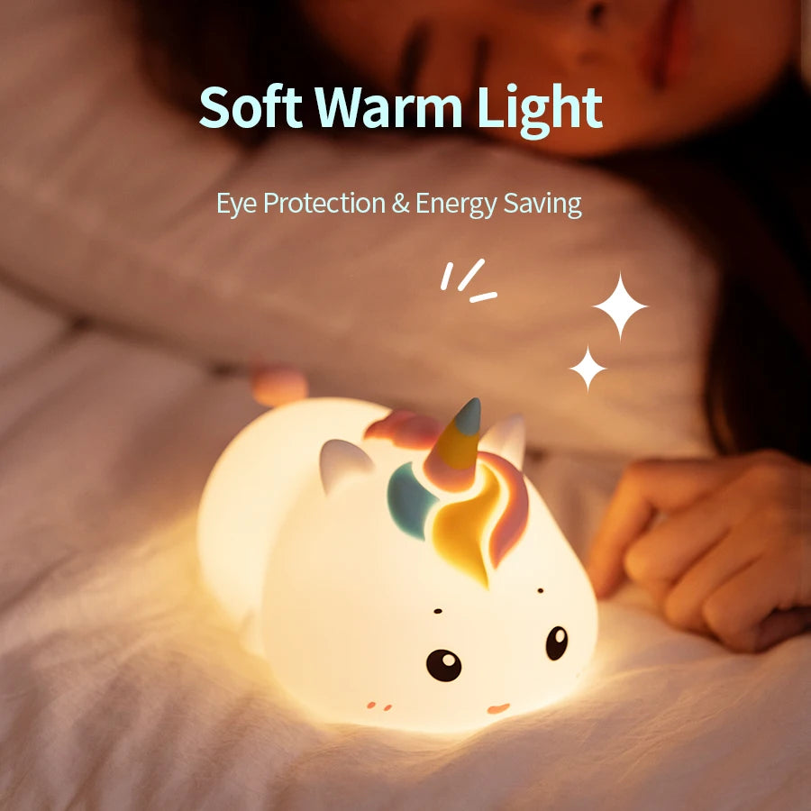 Rechargeable Silicone Unicorn Night Lamp - LED Patting Lamp with Remote Control, Dimmable Mood Light for Bedroom