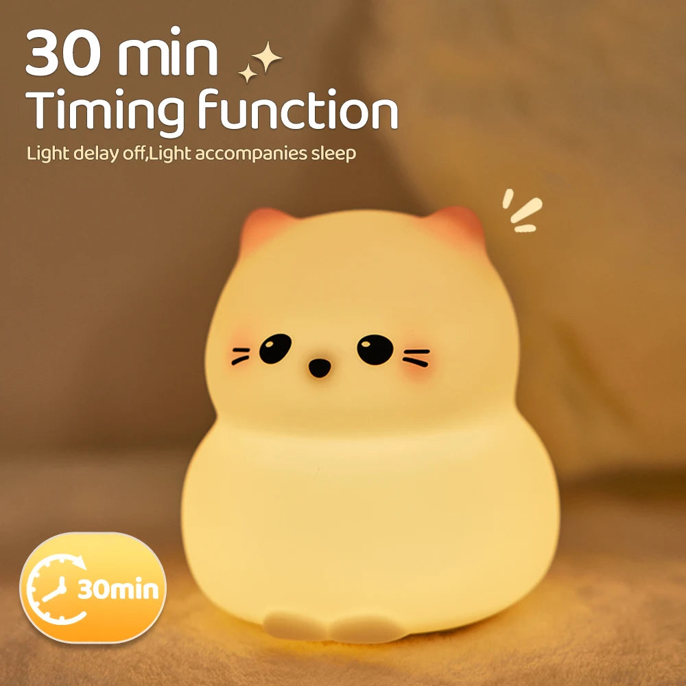 Cute Silicone Cat Night Light - USB Rechargeable Nursery Lamp for Kids' Room Decor