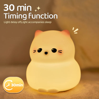 Cute Silicone Cat Night Light - Dimmable, Rechargeable Touch Lamp for Kids' Room Decor