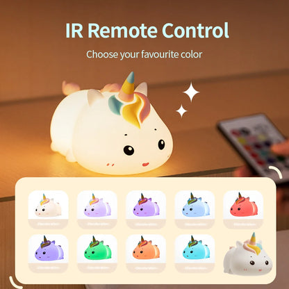 Rechargeable Silicone Unicorn Night Lamp - LED Patting Lamp with Remote Control, Dimmable Mood Light for Bedroom