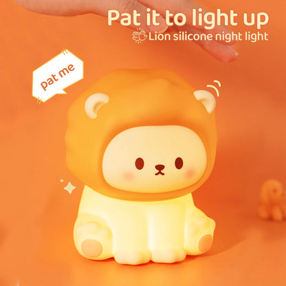 Kawaii Lion Night Light - Rechargeable, 3-Level Dimmable Silicone Bedside Lamp for Nursery