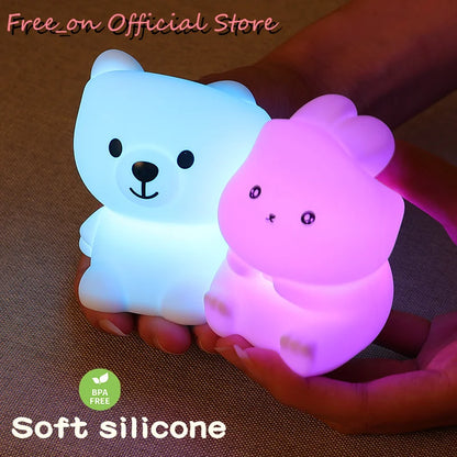 Mini Bear & Bunny Night Lamps - Soft Silicone, Colorful Battery-Operated Lights for Kids' Christmas Gifts