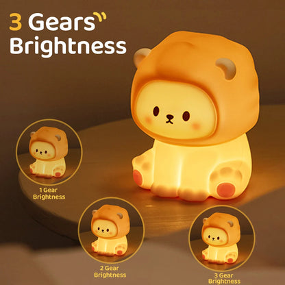 Kawaii Lion Night Light - Rechargeable, 3-Level Dimmable Silicone Bedside Lamp for Nursery