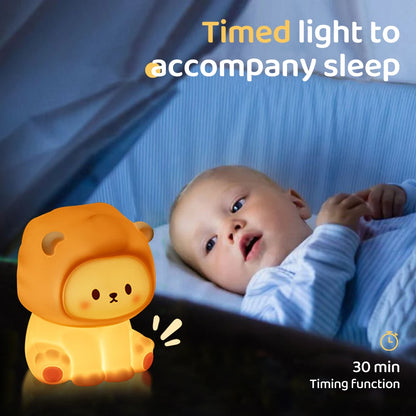 Kawaii Lion Night Light - Rechargeable, 3-Level Dimmable Silicone Bedside Lamp for Nursery