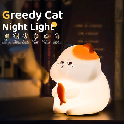 Cute Silicone Cat Night Light - Dimmable, Rechargeable Touch Lamp for Kids' Room Decor