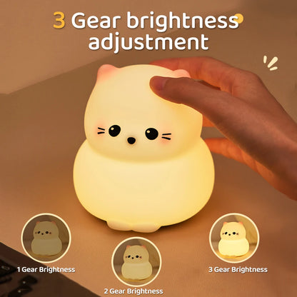 Cute Silicone Cat Night Light - USB Rechargeable Nursery Lamp for Kids' Room Decor