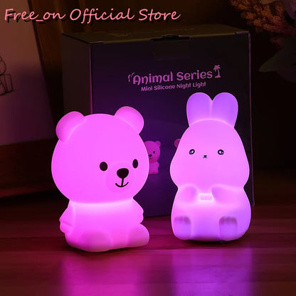 Mini Bear & Bunny Night Lamps - Soft Silicone, Colorful Battery-Operated Lights for Kids' Christmas Gifts